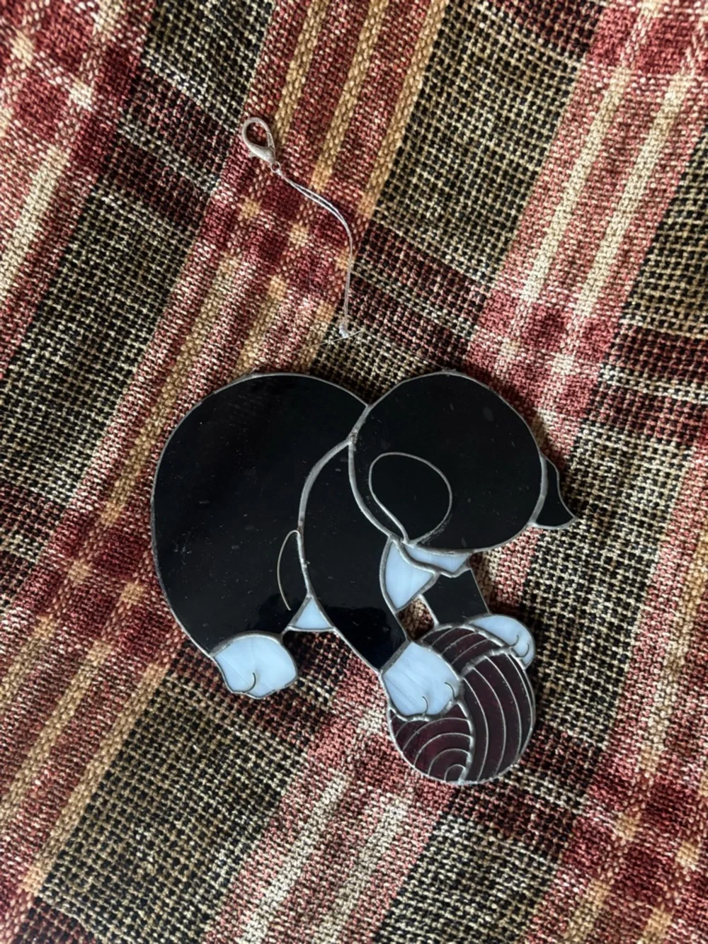 Adorable Vintage Black & White Cat Stained Glass Suncatcher Ornament with Ball - Picture 1 of 5